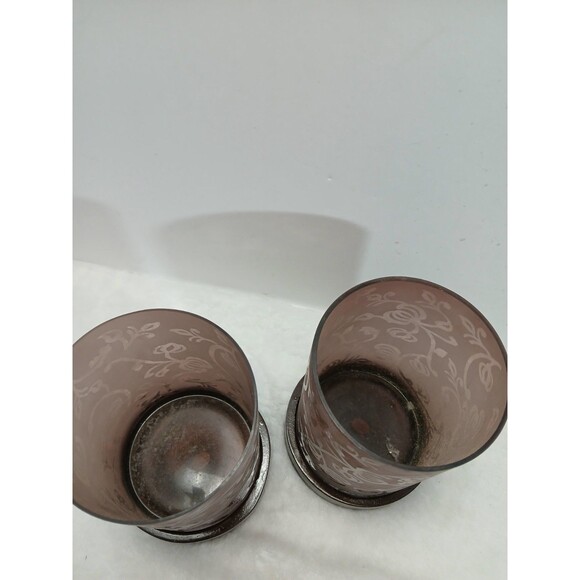 ​Pair Elements Mauve Frosted Etched Floral Glass Candle Holders Wood Base - Picture 4 of 6
